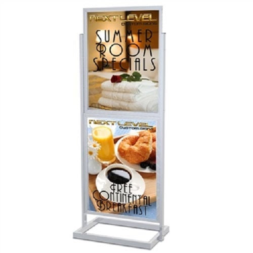 Premium Bulletin Sign Stand Open Base Double Tier: 22" x 28", Satin Silver